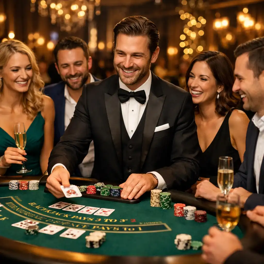 Croupier professionnel animant une table de blackjack lors d'un événement chic