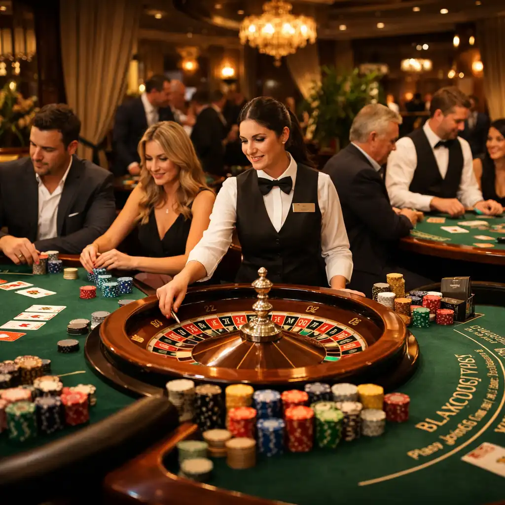 Tables de poker, roulette et blackjack installées pour une soirée casino privée