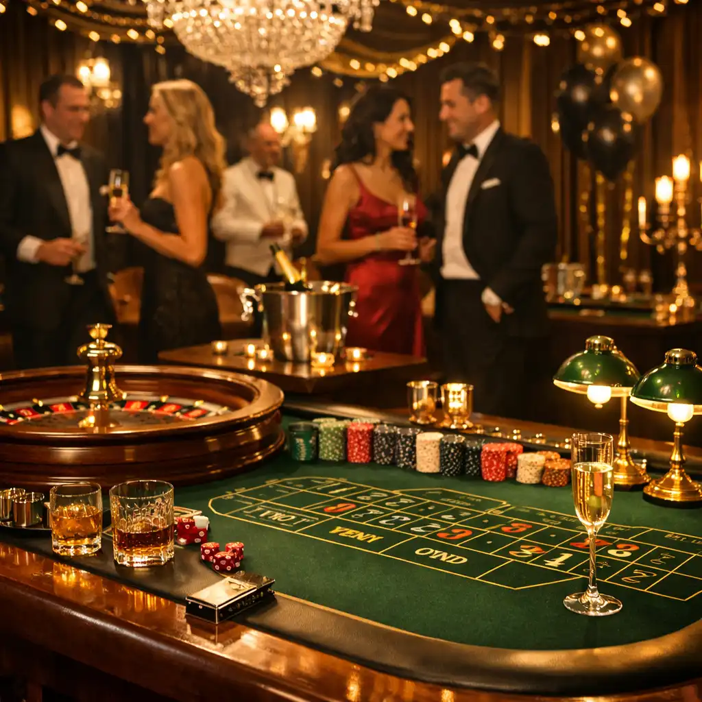 Mise en scène raffinée avec tables de jeu et éclairages festifs pour une soirée casino privée