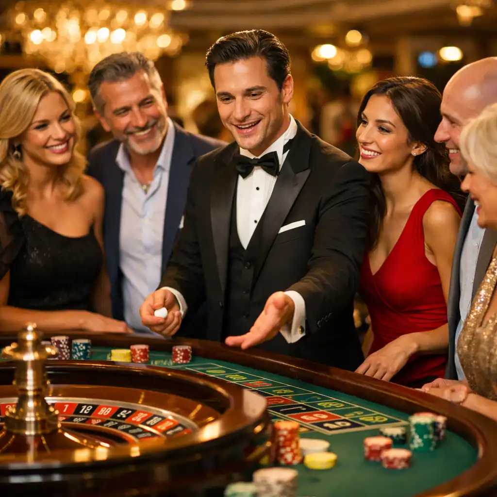 Croupier professionnel expliquant les règles de la roulette à des invités