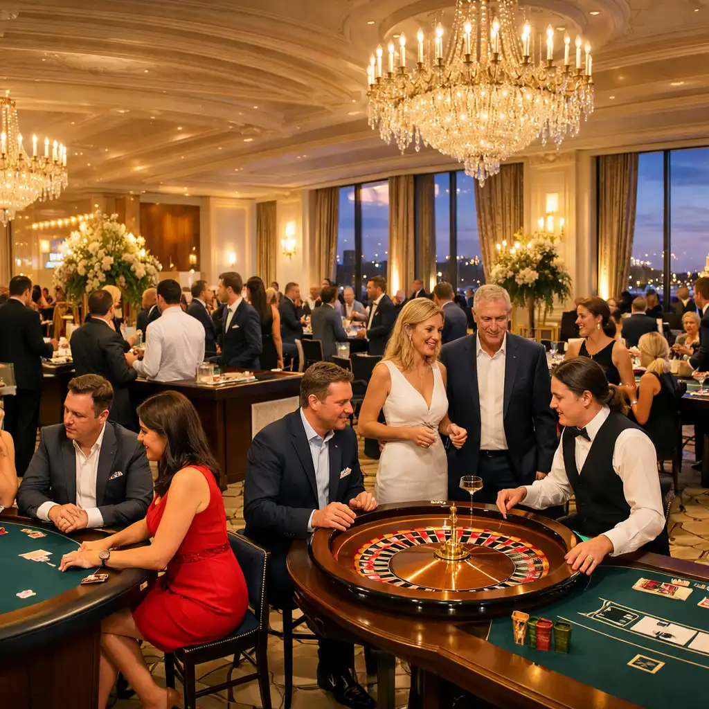 Ambiance de soirée casino d'entreprise élégante avec tables de jeu et lumières chaleureuses