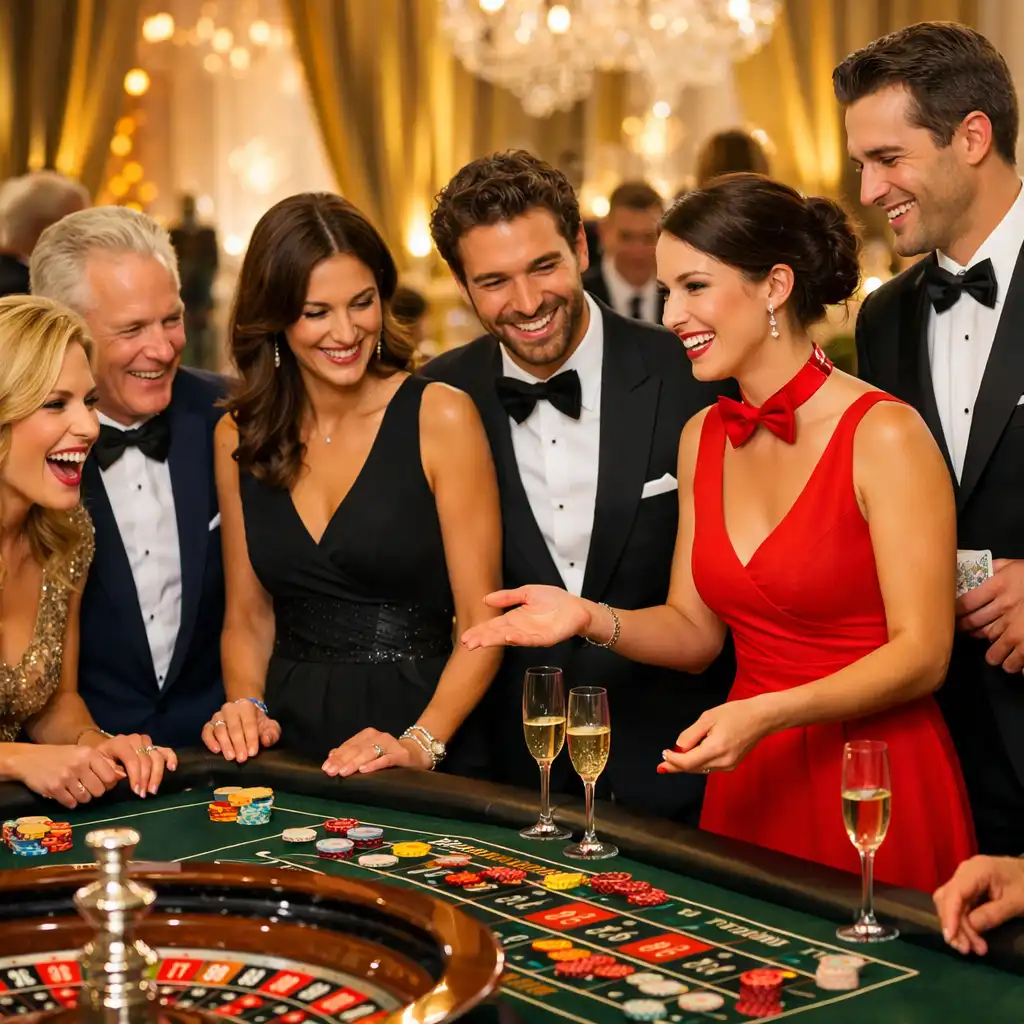 Invités souriants et animateurs professionnels autour des tables de casino