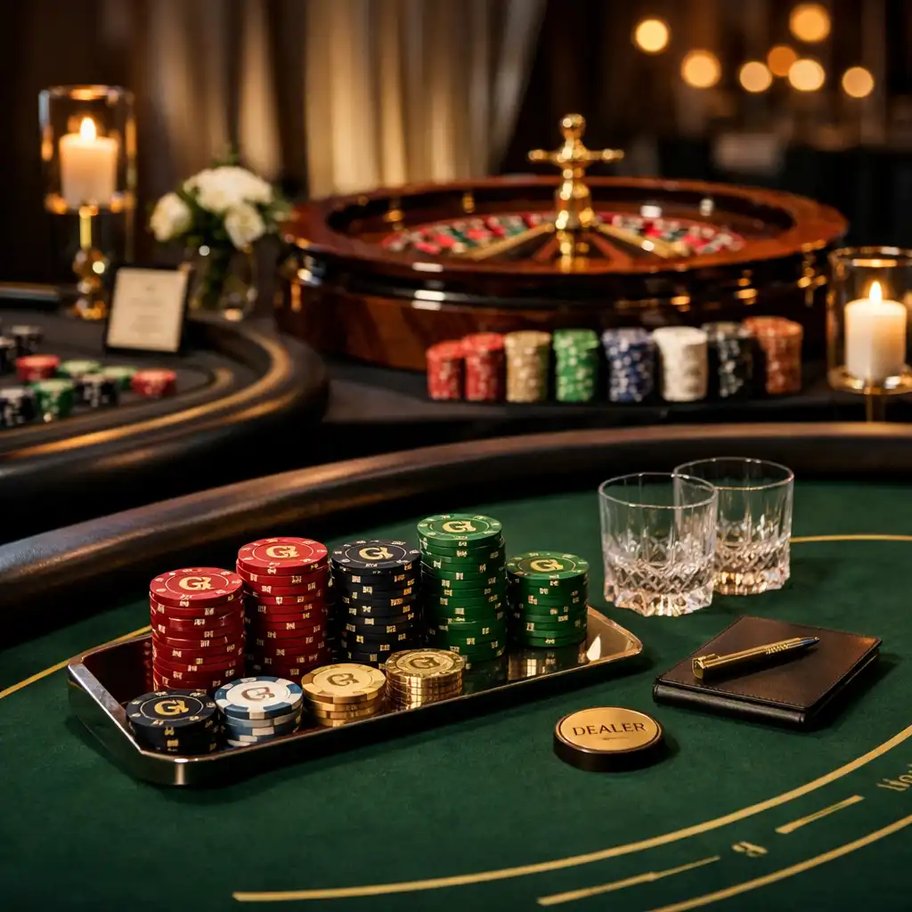 Tables de poker, roulette et blackjack TJL Legal Advisory dans un décor élégant