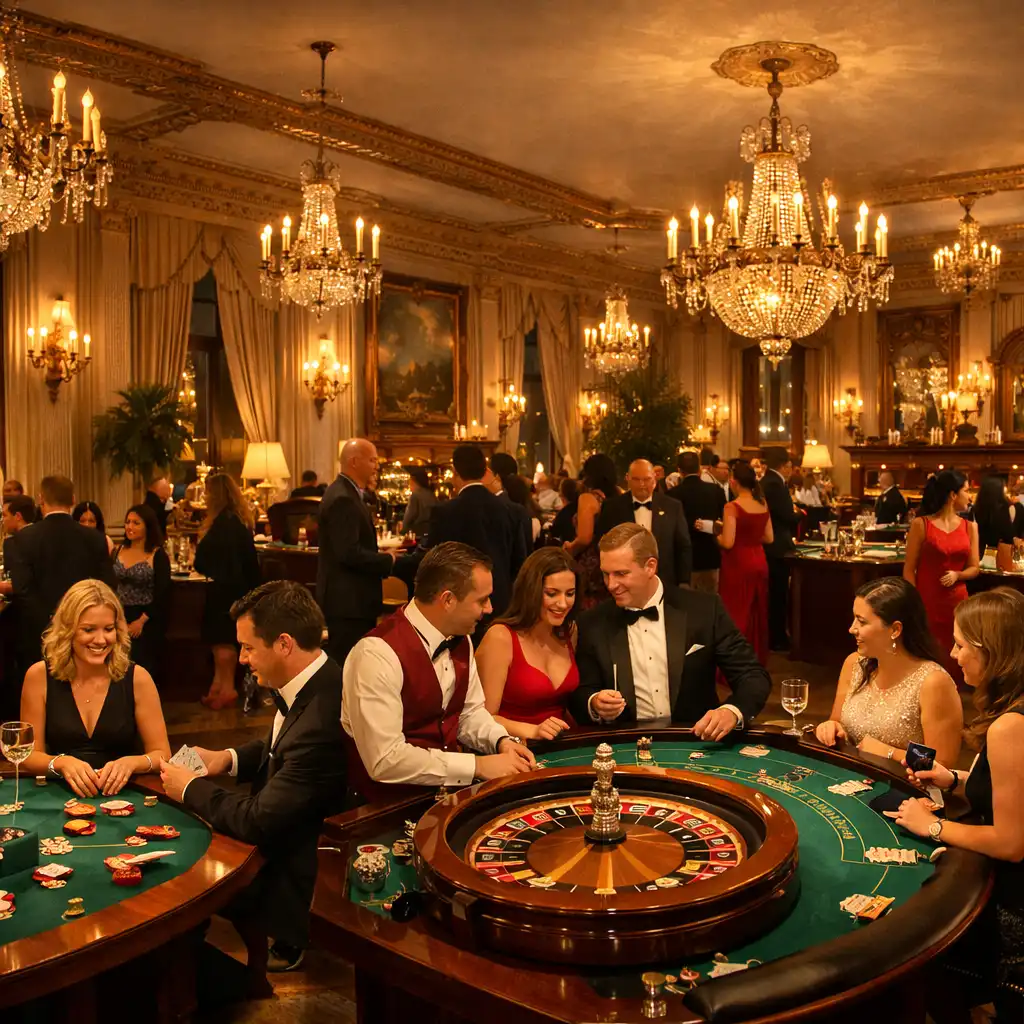 Salle d'événement élégante lors d'une soirée casino avec tables de poker, roulette et blackjack
