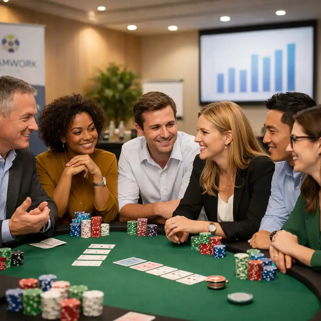 Équipe d'entreprise réunie autour d'une table de poker pour un team building convivial