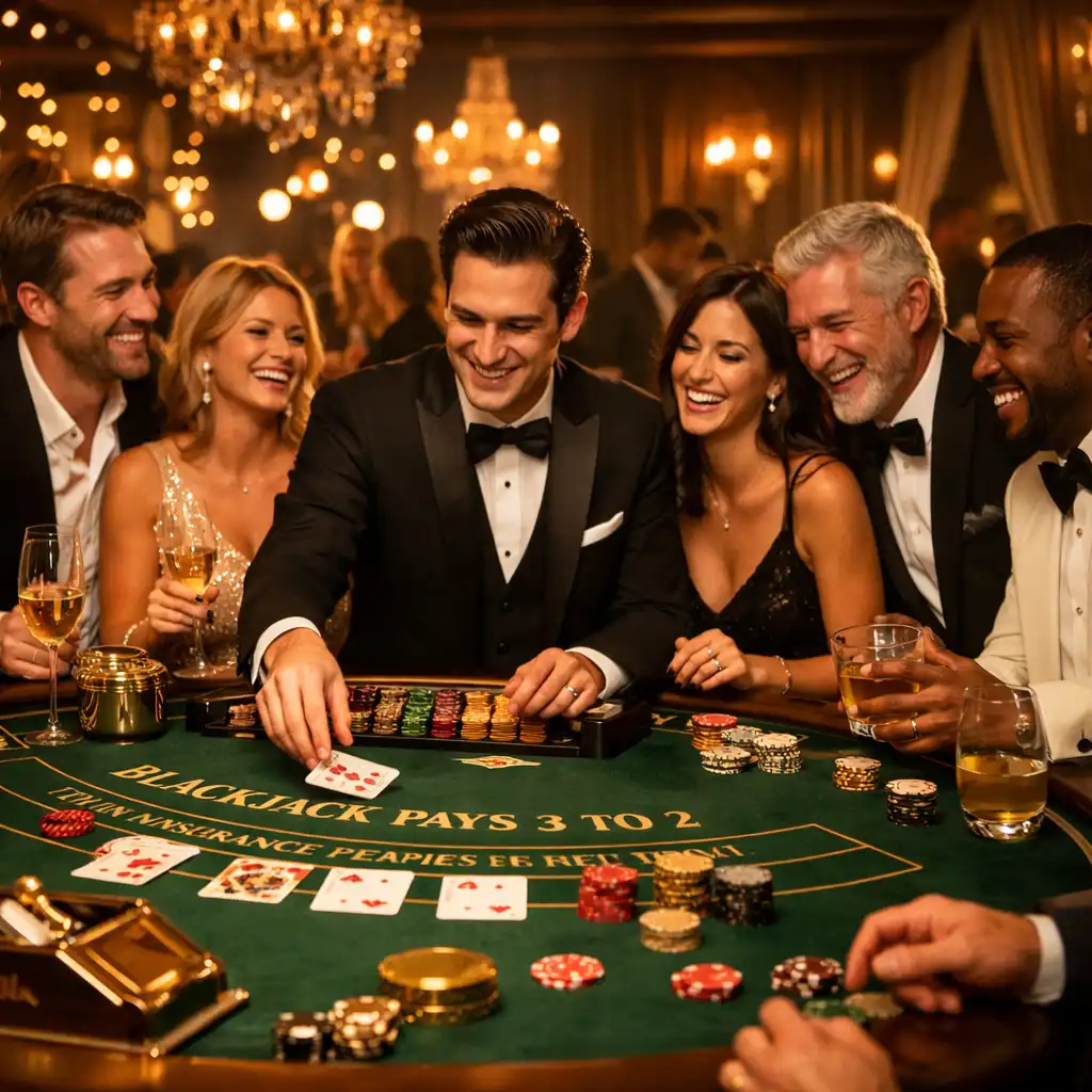 Ambiance lumineuse autour d'une table de blackjack lors d'une soirée événementielle