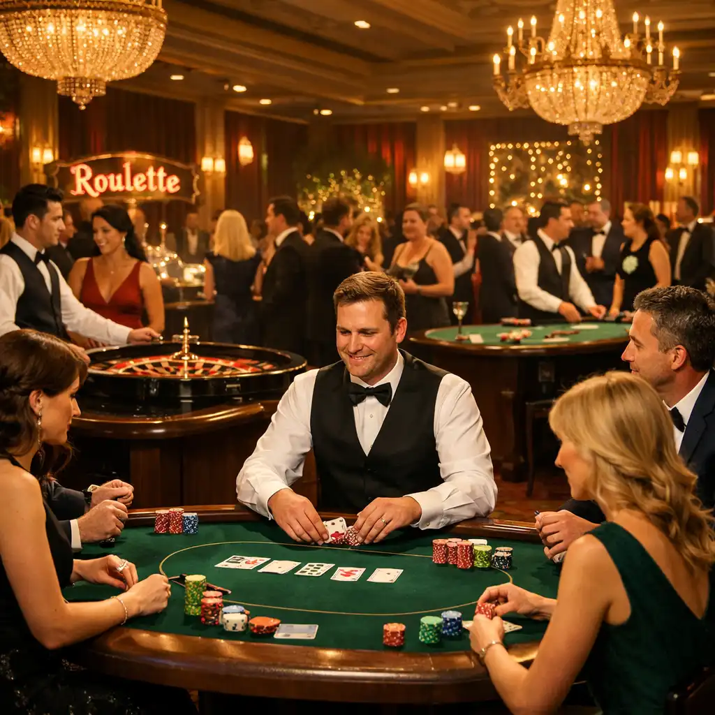 Ambiance lumineuse d'une soirée casino privée TJL Legal Advisory