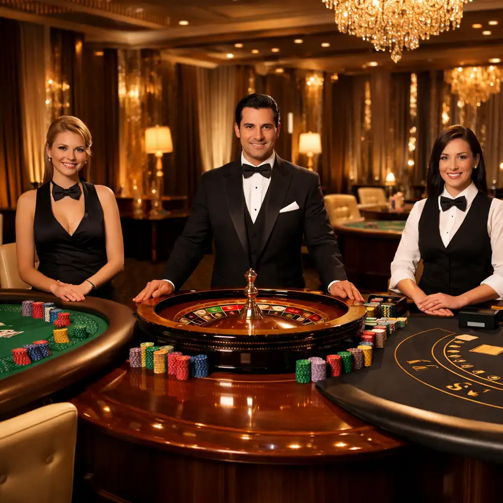 Table de casino VIP avec croupier professionnel et invités élégants