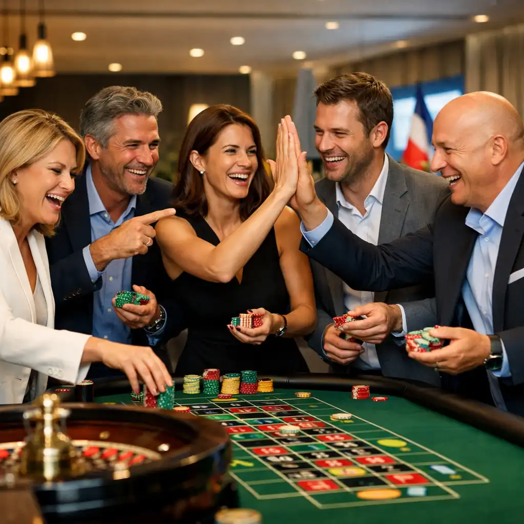 Collaborateurs d'une entreprise réunis autour de tables de poker et de roulette lors d'un team-building festif