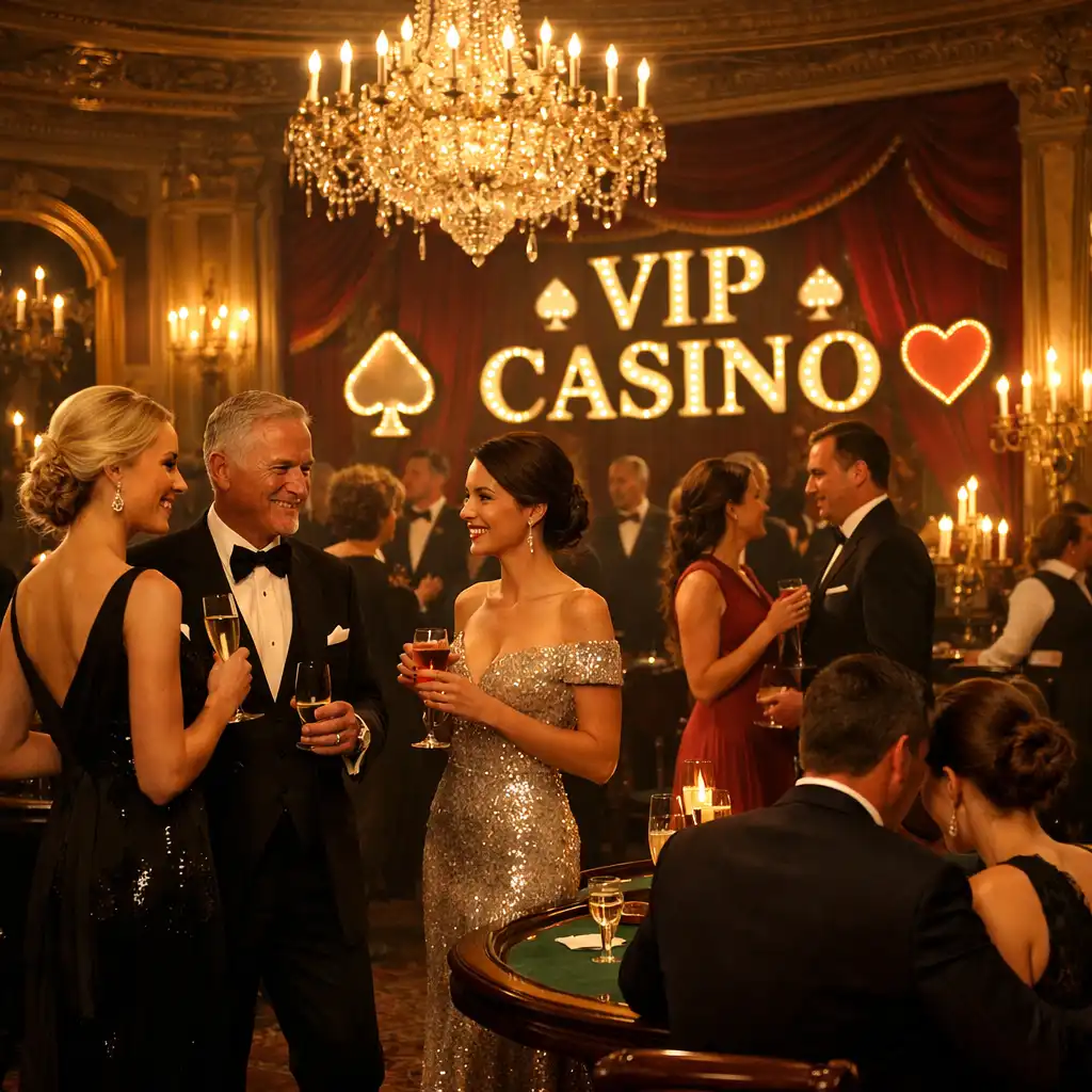 Ambiance de soirée VIP élégante avec tables de casino et lumières chaleureuses
